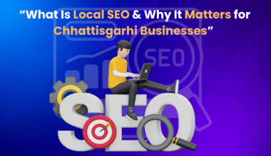 What is Local SEO and Why It Matters for Chhattisgarhi Businesses – Illustration of SEO with laptop, gear, magnifying glass, and target.