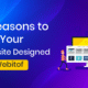 Graphic banner with the text “7 Reasons to Get Your Website Designed by Webitof,” featuring a cartoon character holding a web page illustration beside a large monitor on a blue-purple gradient background.