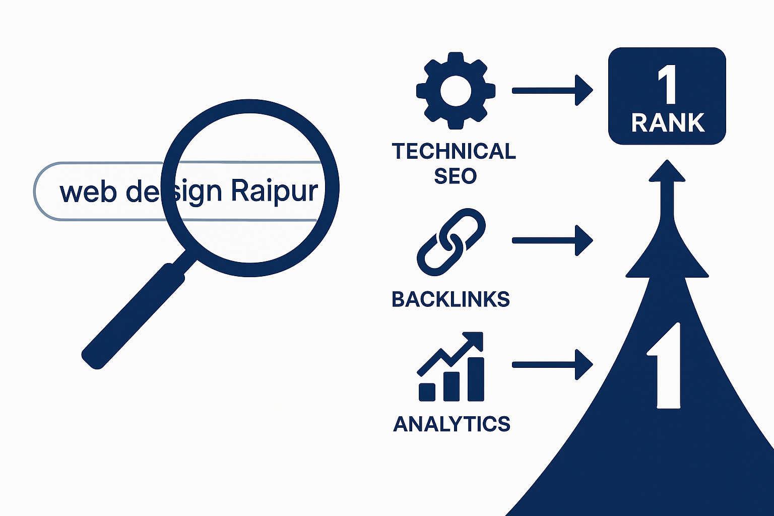 Infographic showing SEO process for "web design Raipur" with magnifying glass on search bar and icons for technical SEO, backlinks, and analytics leading to rank 1.