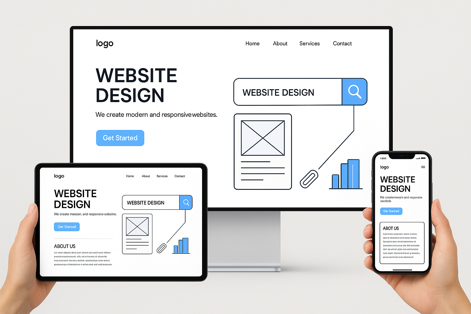 Responsive website mockup shown on desktop, tablet, and smartphone devices.