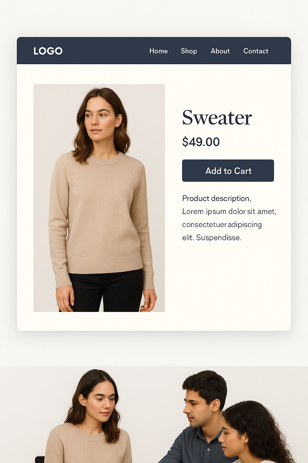 E-commerce product page showing a sweater with price and Add to Cart button.