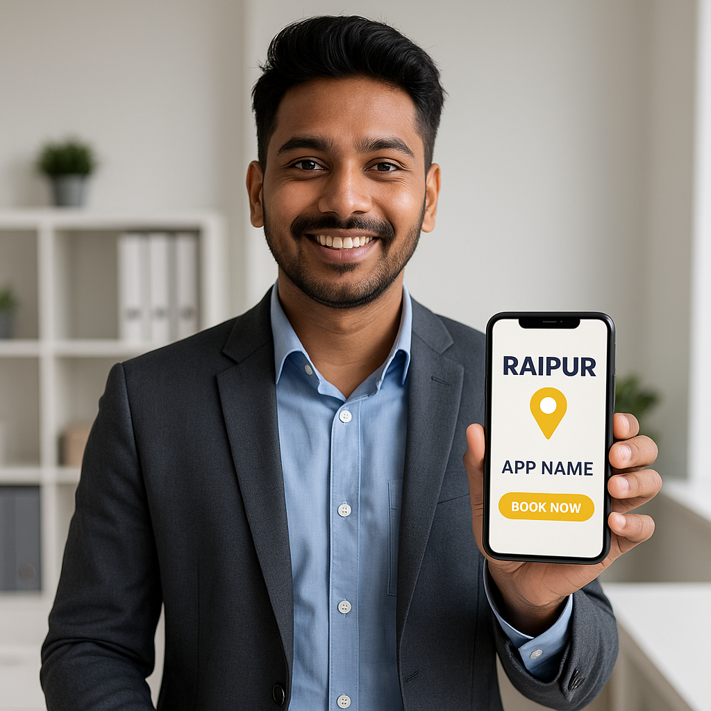 "Raipur-based business owner smiling while holding a smartphone with a custom app mock-up in a modern office workspace."