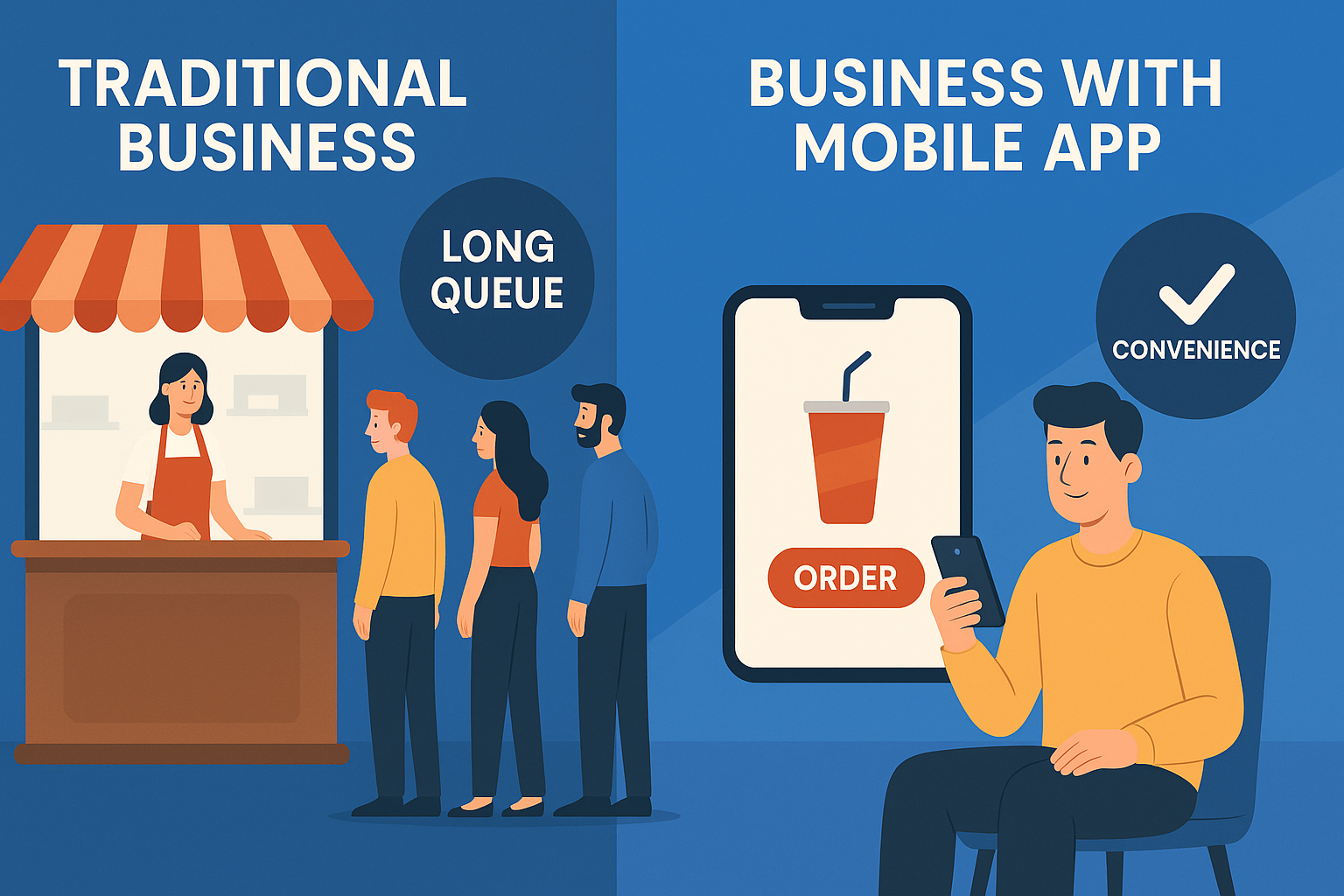 "Side-by-side infographic comparing a traditional business with long queues to a modern business using a mobile app for convenient ordering."