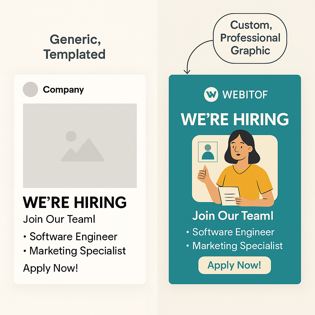 Split-screen comparison of a generic templated hiring post versus a custom, professional Webitof graphic.