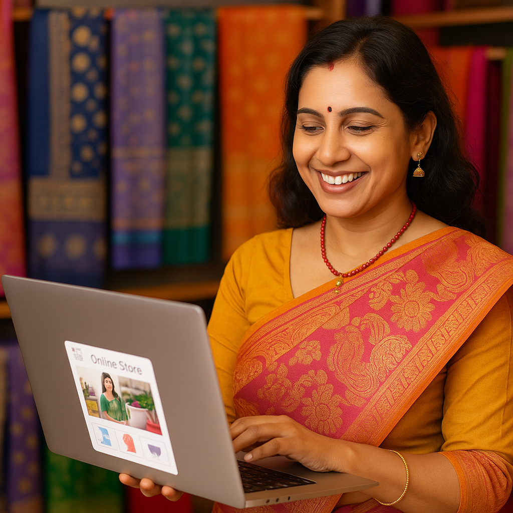 "A saree shop owner in Raipur smiling while using a laptop displaying her e-commerce website."