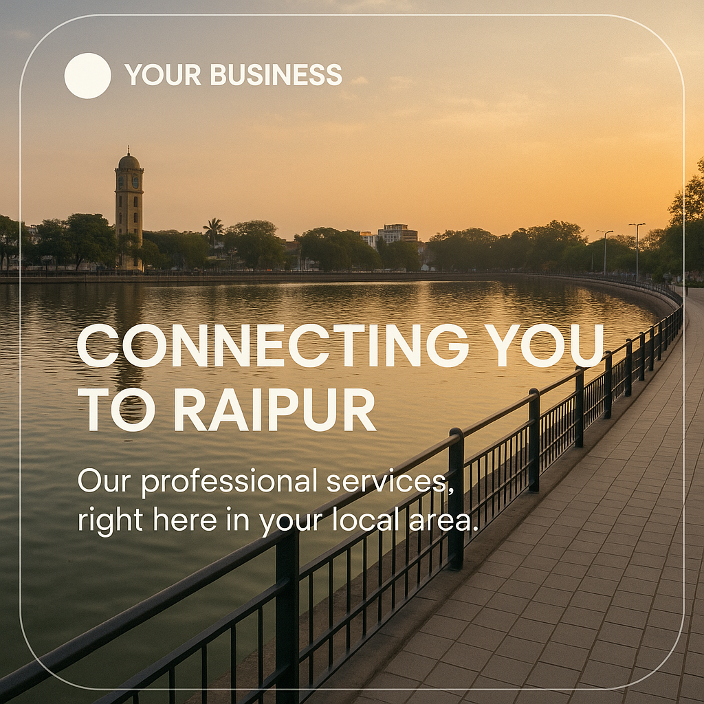 A promotional digital photograph combined with a semi-transparent branded frame featuring Telibandha Talab in Raipur during sunset.