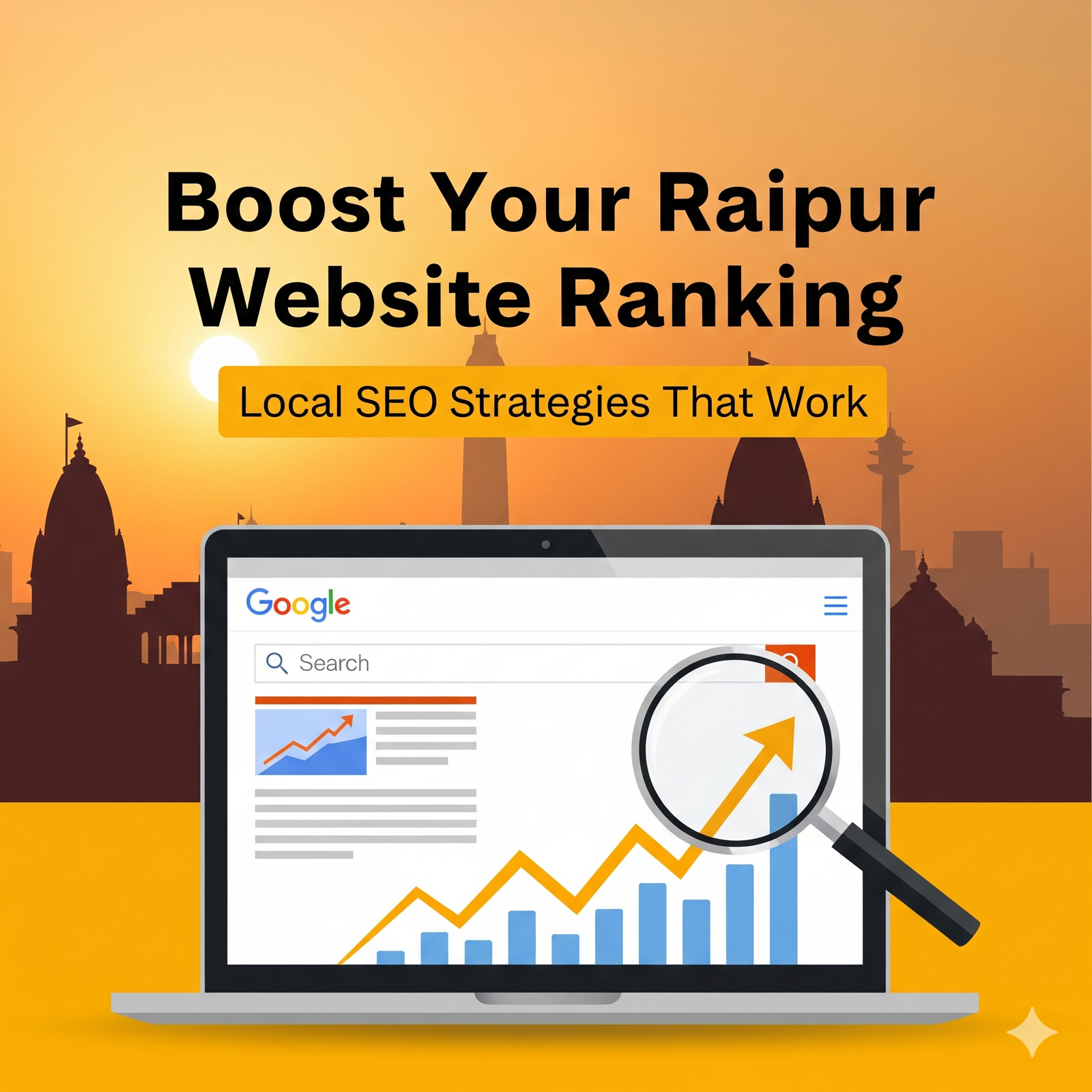 A laptop screen with a Google search page showing an upward-trending graph and a magnifying glass over the search bar. In the background, there's a silhouette of the Raipur skyline.
