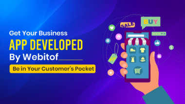 "Promotional banner by Webitof encouraging businesses to get custom apps developed, with a hand holding a smartphone and digital shopping icons."