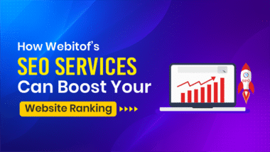"Webitof’s SEO services infographic showing upward trend graph and rocket boosting website ranking."