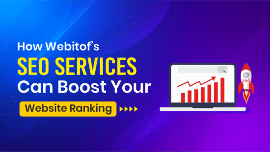"Webitof’s SEO services infographic showing upward trend graph and rocket boosting website ranking."