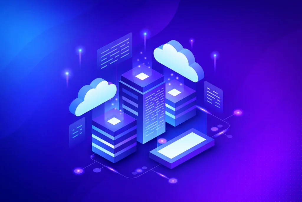 Cloud hosting and server infrastructure illustration showing data storage, cloud computing, and network connectivity