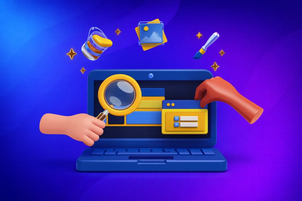 SEO optimization illustration showing website analysis, content improvement, and design tools on a laptop