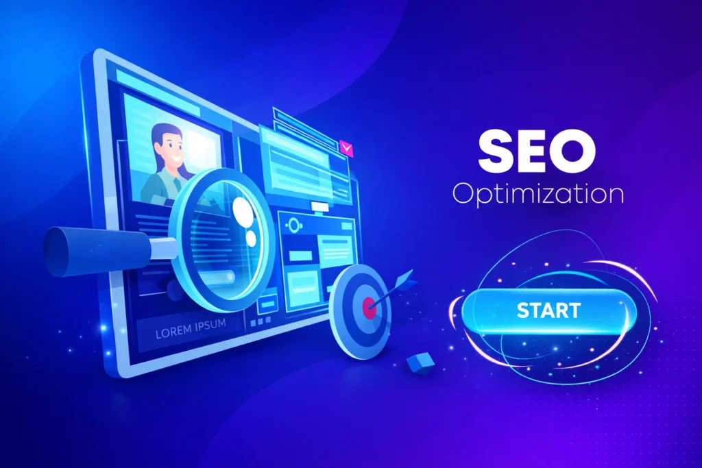 SEO optimization illustration showing website analysis, search visibility improvement, and digital marketing strategy