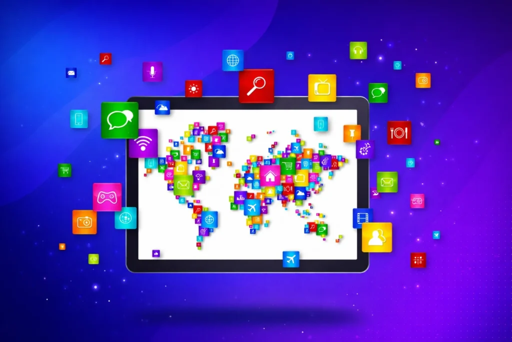 Global digital marketing and mobile app ecosystem displayed on tablet with worldwide app icons and online services