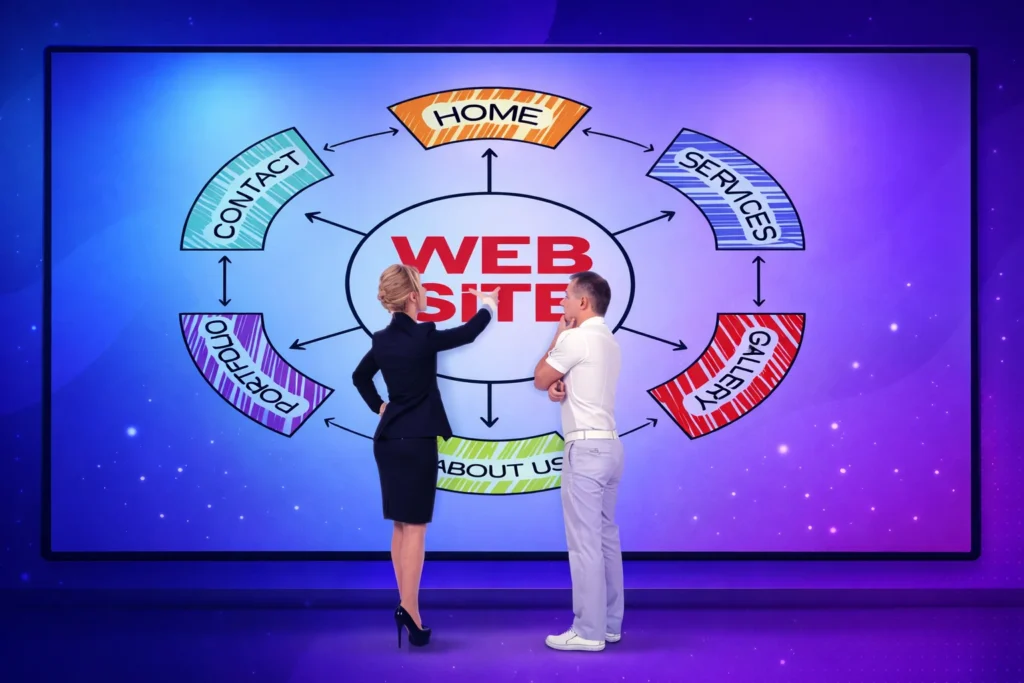 Website structure planning showing homepage, services, gallery, portfolio, about us and contact sections