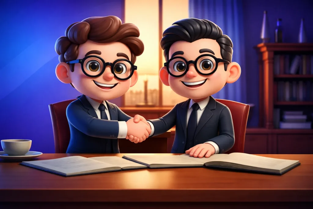 Business partnership agreement illustration showing two professionals shaking hands over a signed contract