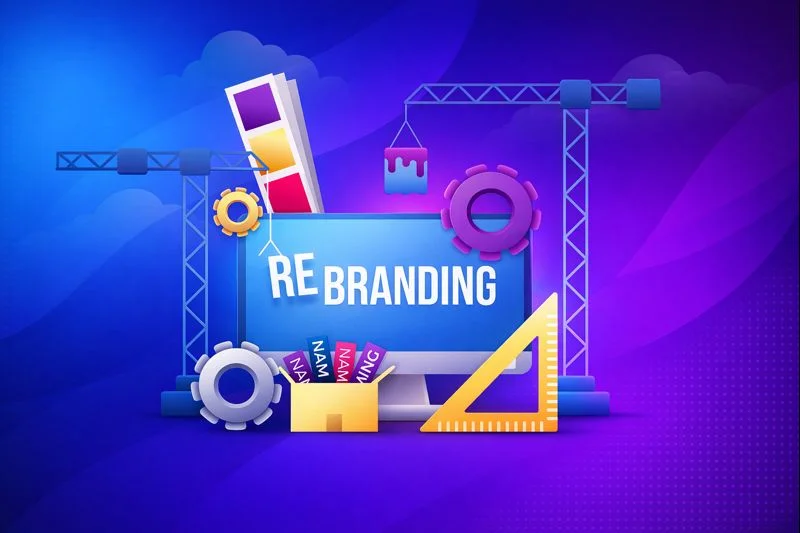Rebranding concept illustration showing brand identity redesign, colors, typography, and visual elements