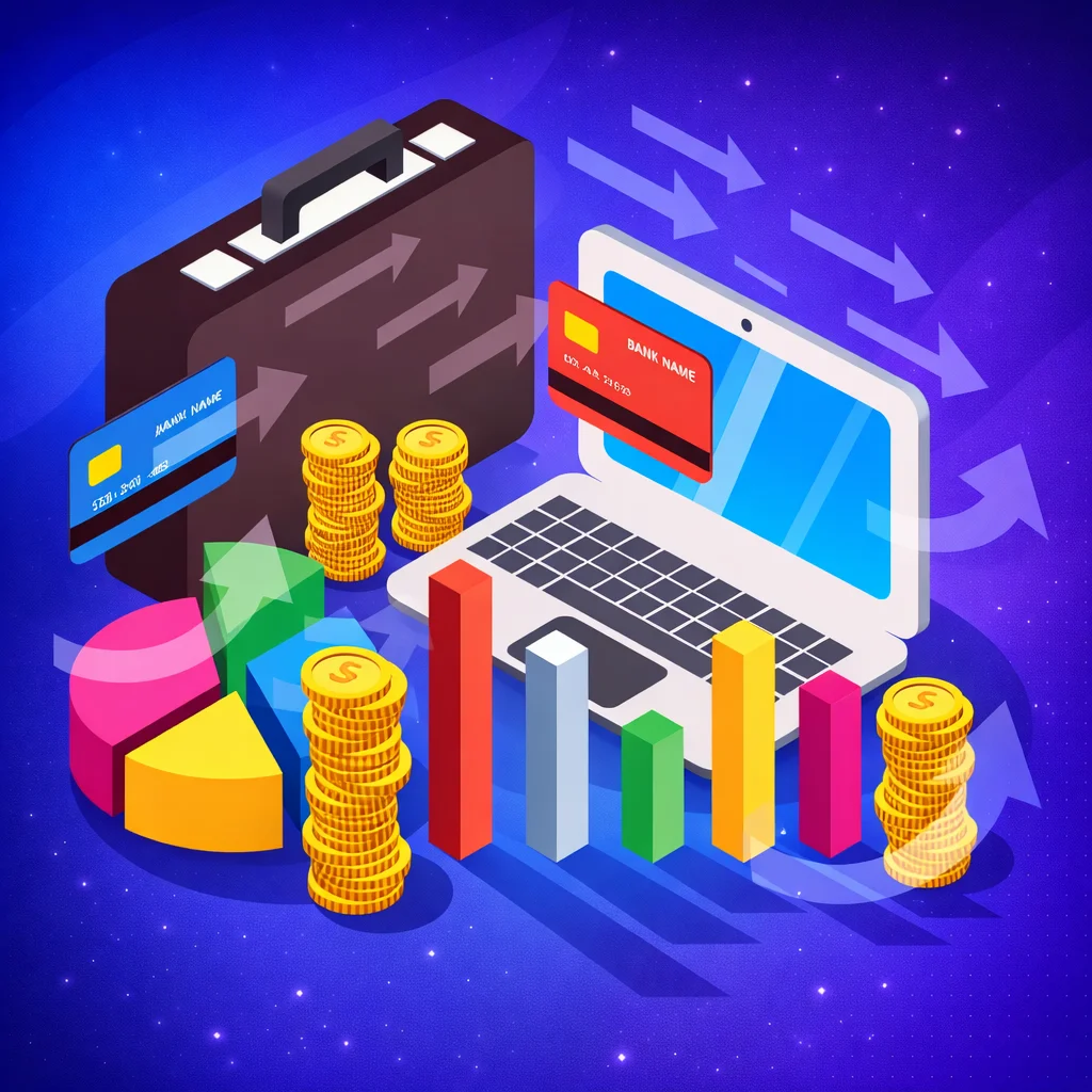 Digital financial technology illustration showing online banking, payment cards, business analytics, and money transfer