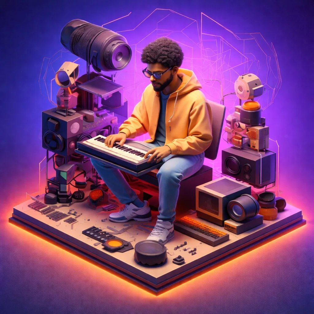 Creative music producer composing electronic music using a MIDI keyboard in a futuristic studio setup