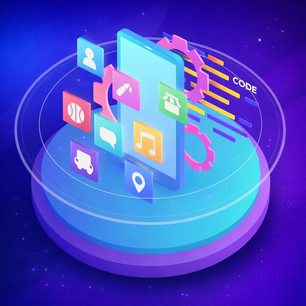 Mobile app development concept showing a smartphone with app icons, coding elements, and digital features