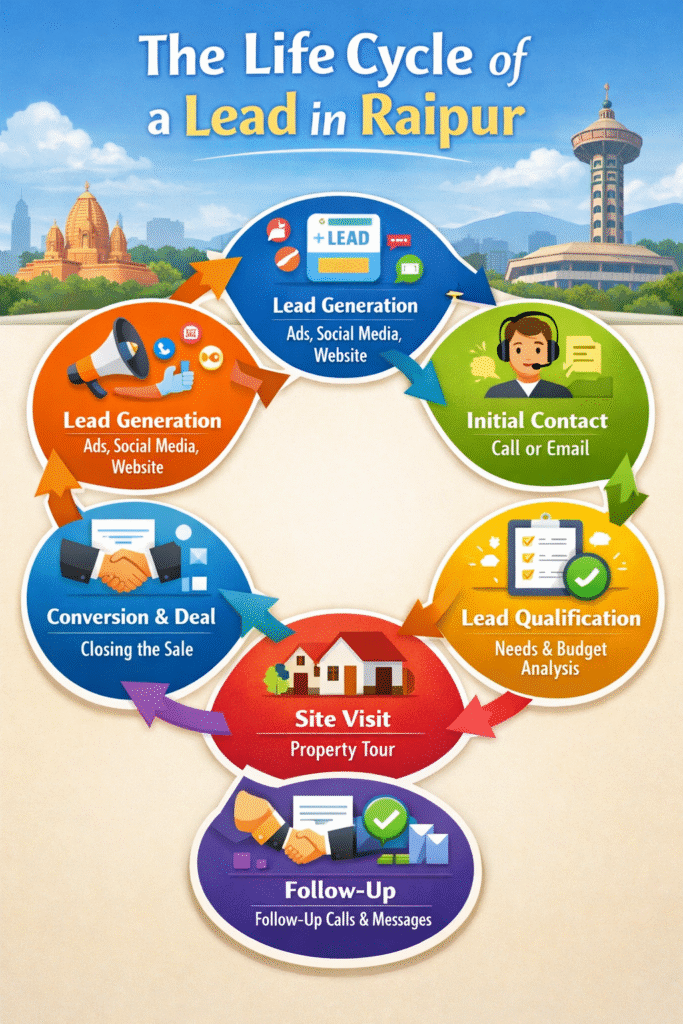 Infographic showing the life cycle of a sales lead in Raipur from lead generation to deal closure