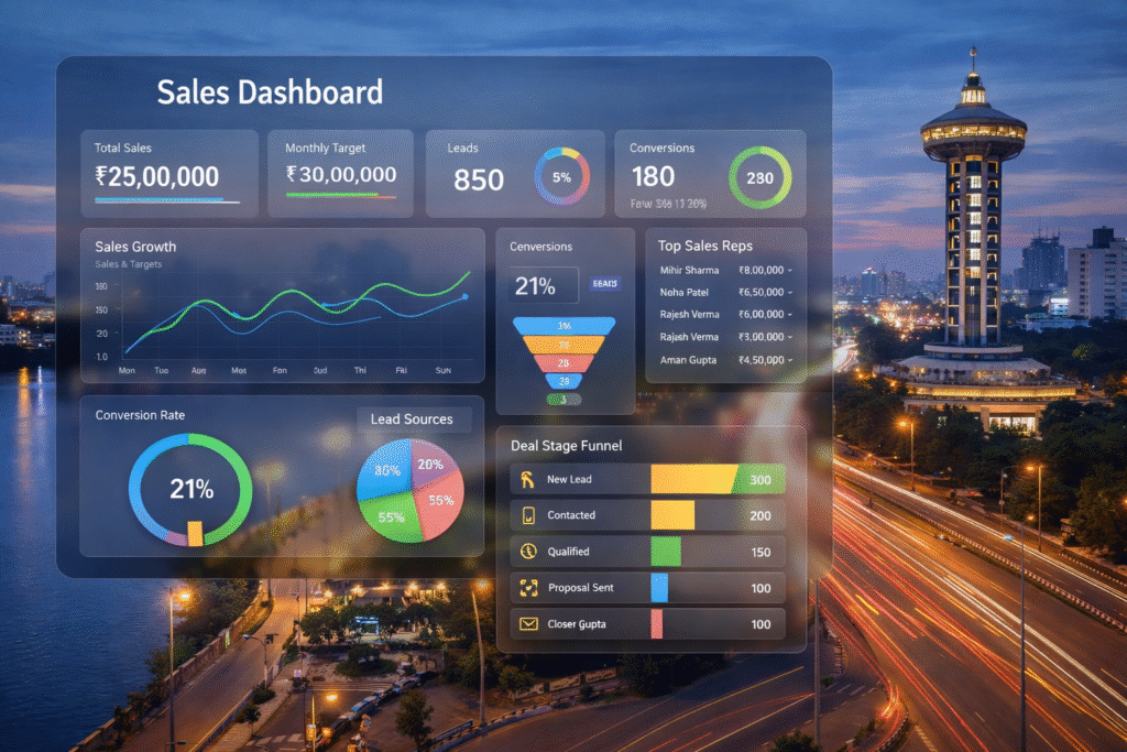 Raipur skyline at Telibandha Marine Drive with a digital sales dashboard overlay