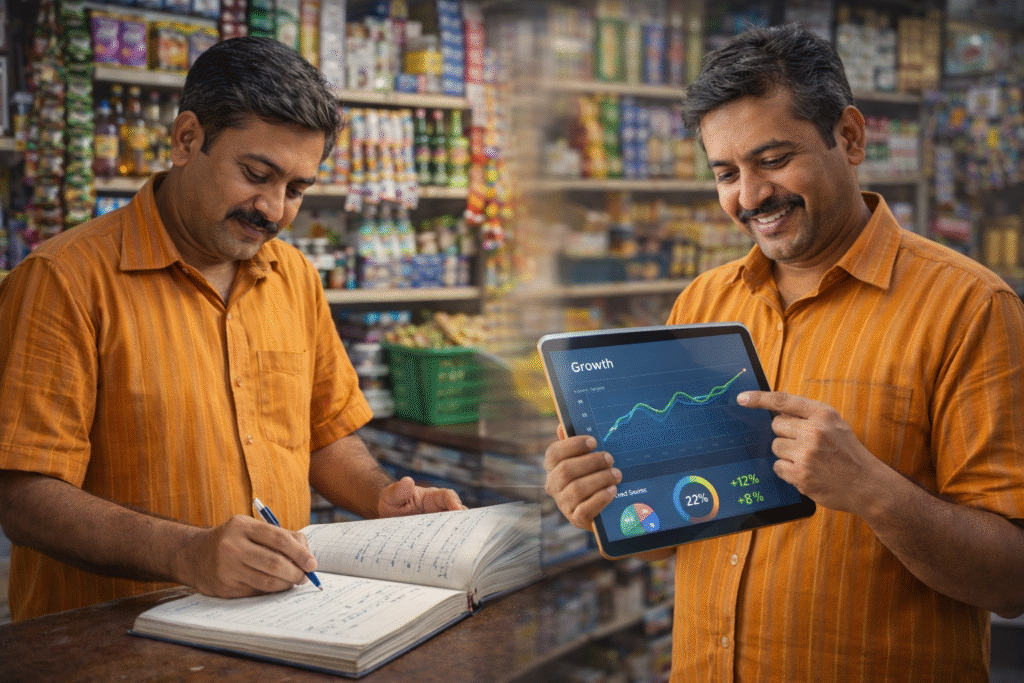 Raipur shop owner transitioning from handwritten ledger to digital tablet showing growth charts