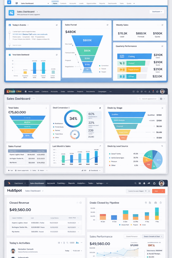 CRM dashboards showing sales funnels, lead tracking, and performance analytics