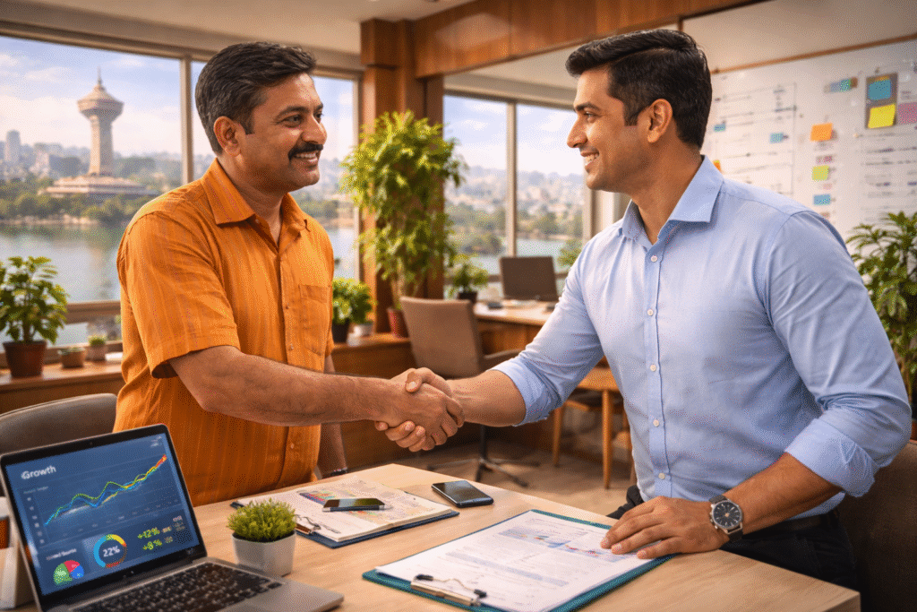 Business handshake in a modern Raipur office after a successful deal
