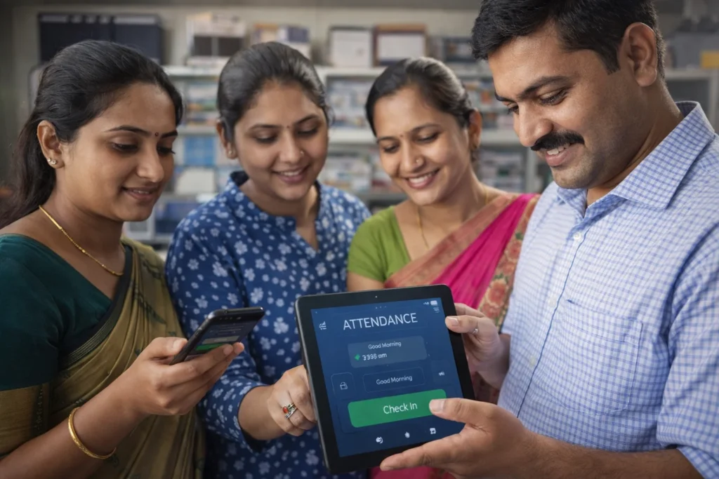 Employees using digital attendance system on tablet and mobile app in a modern Indian workplace.