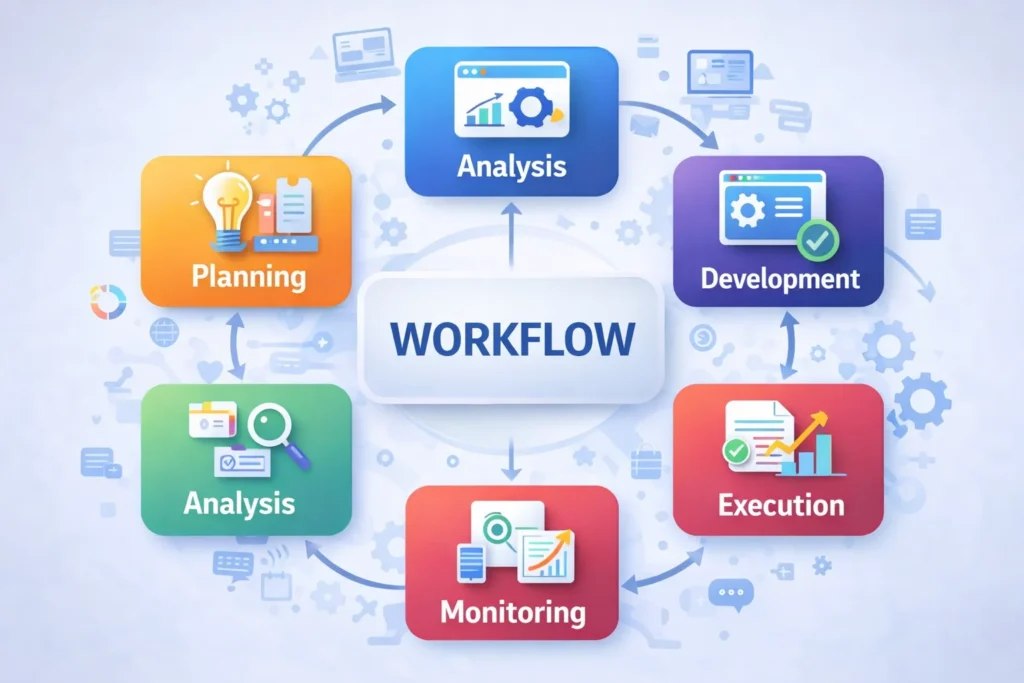 Workflow diagram showing step-by-step business process automation from planning to execution using digital tools.
