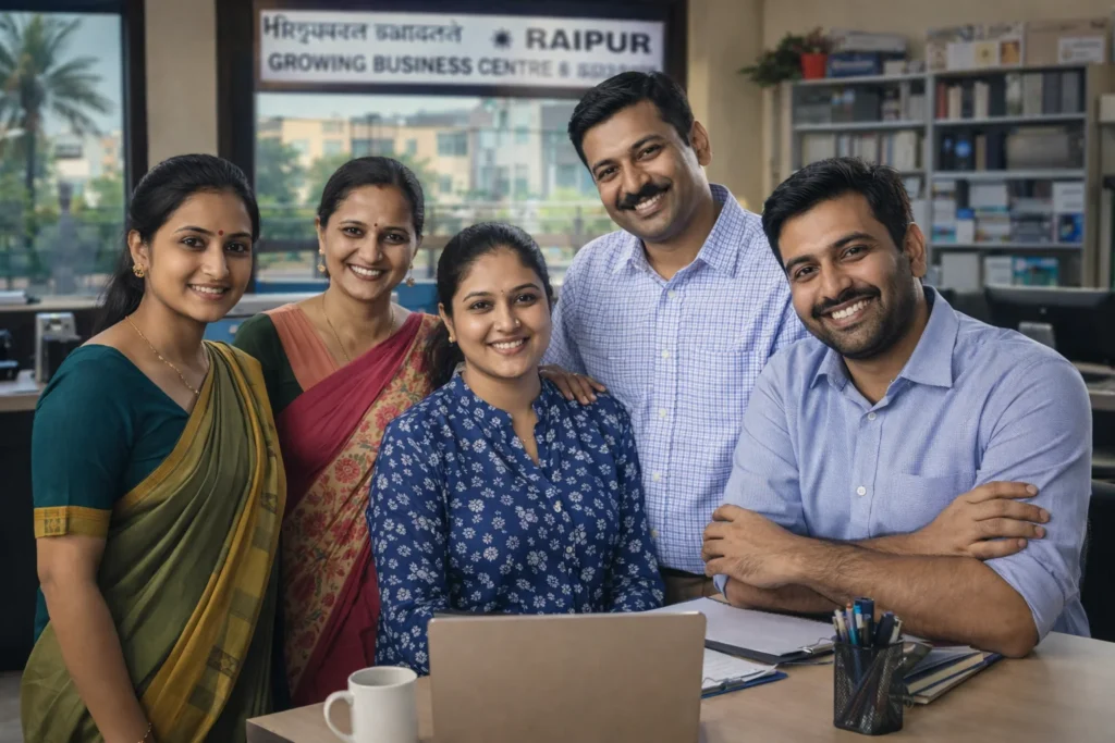 Diverse team of professionals working together in a modern Raipur office environment, representing collaboration and local business growth.